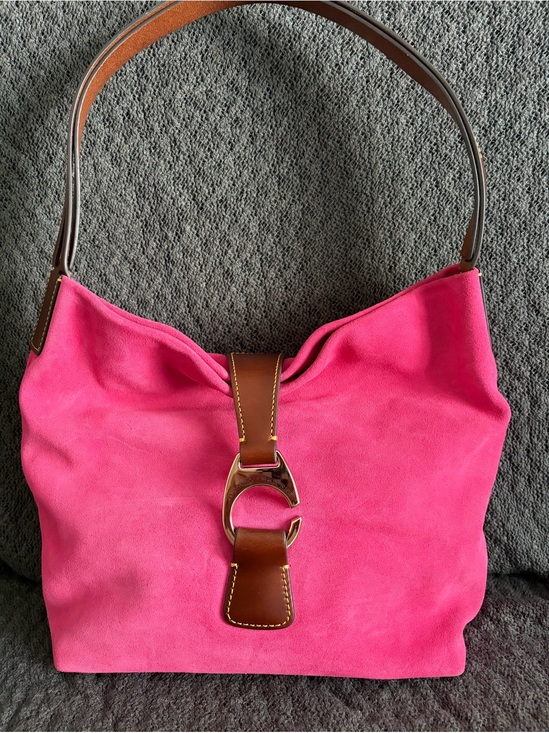 Dooney & Bourke Handbags - Dooney & Bourke Pink Suede Shoulder Bag with Brown Leather Trim